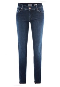 Jeans de mezclilla azul oscuro con un corte ajustado, que presentan un diseño clásico de cinco bolsillos, un botón en tono cobre y detalles de costura a lo largo de las costuras.