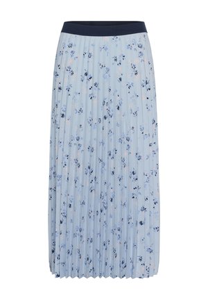 Fustă midi plisată albastru deschis cu model floral mic în nuanțe de bleumarin și roz pal și talie solidă închisă.