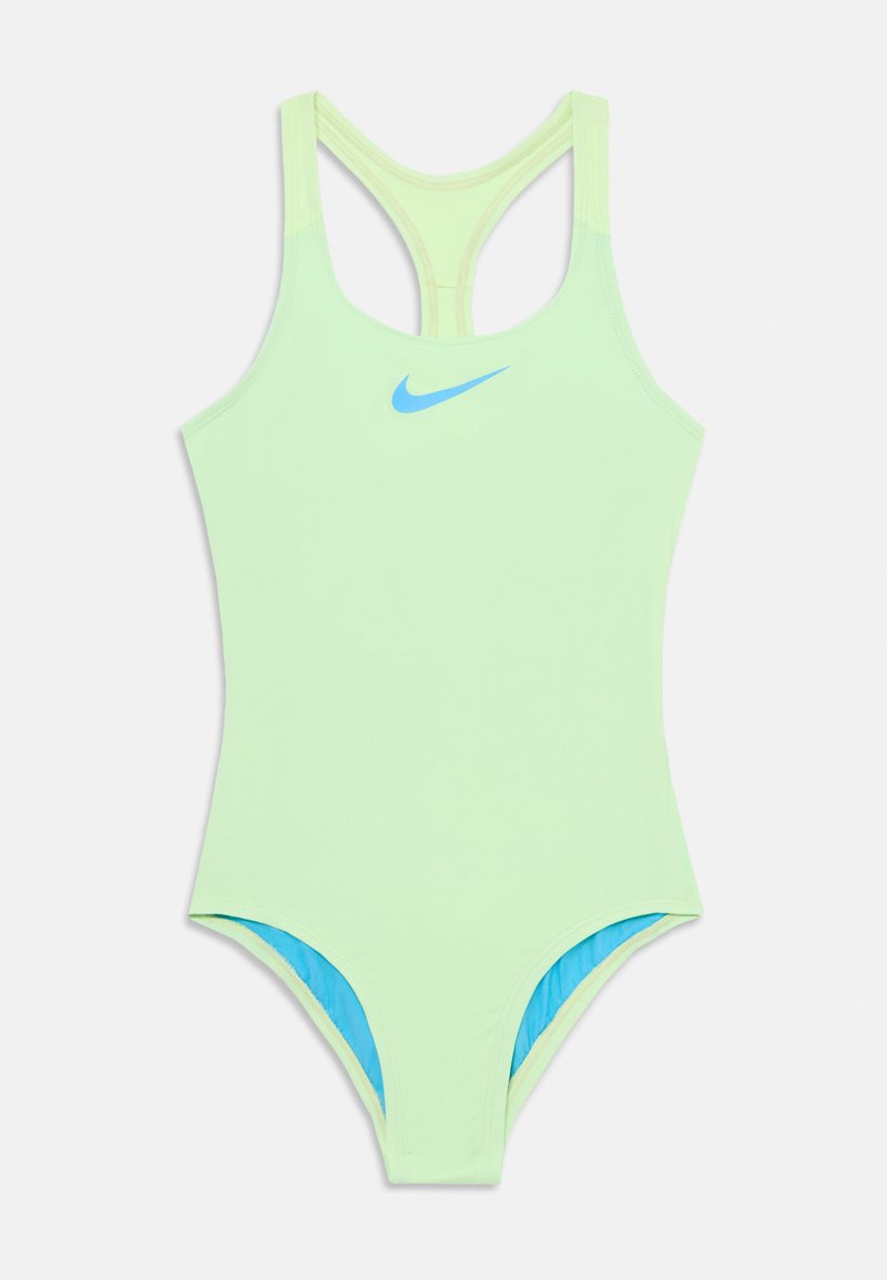 Groene eenstukswimsuit met een racerback ontwerp, gemaakt van soepel materiaal. Heeft een blauw Nike-logo en een felblauwe binnenvoering.
