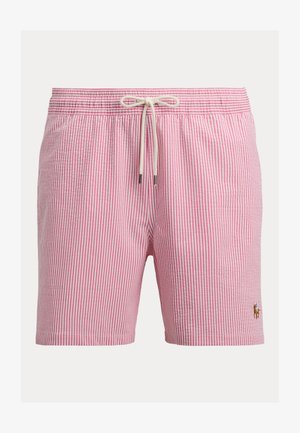 Roosad ja valged triibulised ujumispüksid, valmistatud kergest kangast, millel on elastne talje paelaga ning väike tikitud logo.