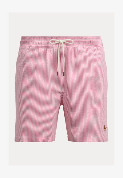 Ροζ και λευκά ριγέ μαγιό σορτς από ελαφρύ ύφασμα, με ελαστική μέση και κορδόνι, καθώς και μικρό κεντημένο λογότυπο.