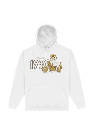 Biała bluza z kapturem z graficznym nadrukiem postaci w koronie i motocyklu, z tekstem "Established 1936" w złotym i czarnym kolorze.