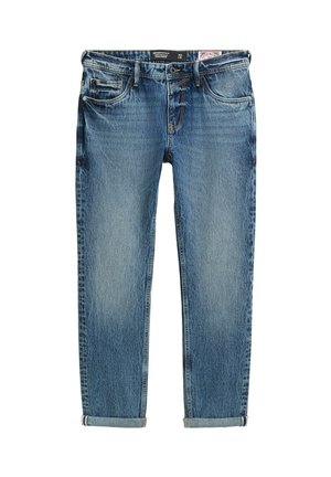 Helle blaue Denim-Jeans mit geradem Bein, hochgekrempelten Säumen und subtiler Ausbleichung. Verfügt über fünf Taschen und einen Knopfverschluss.