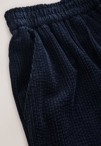 Pantaloni in velluto a coste blu navy con superficie testurizzata e righe marcate, dotati di una vita elasticizzata per il massimo comfort. Le pieghe visibili arricchiscono il design.