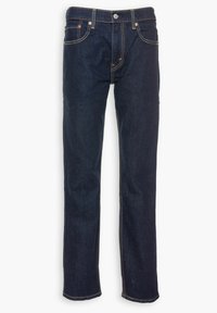 Jeans de mezclilla azul oscuro con un diseño de pierna recta, que cuentan con remaches de cobre, costuras amarillas en contraste y un clásico estilo de cinco bolsillos.
