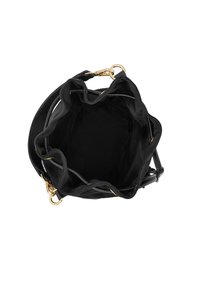 Sac seau noir avec un extérieur en tissu doux, des détails en métal doré et un haut resserré. L'intérieur est doublé en noir.