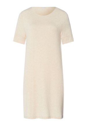 Vestito corto color crema con maniche corte, scollatura rotonda, orlo al ginocchio e vestibilità comoda.
