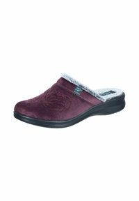 Burgundy slip-on clogs with a soft, textured upper, gray fuzzy lining, floral embroidery detail, and a black rubber sole.