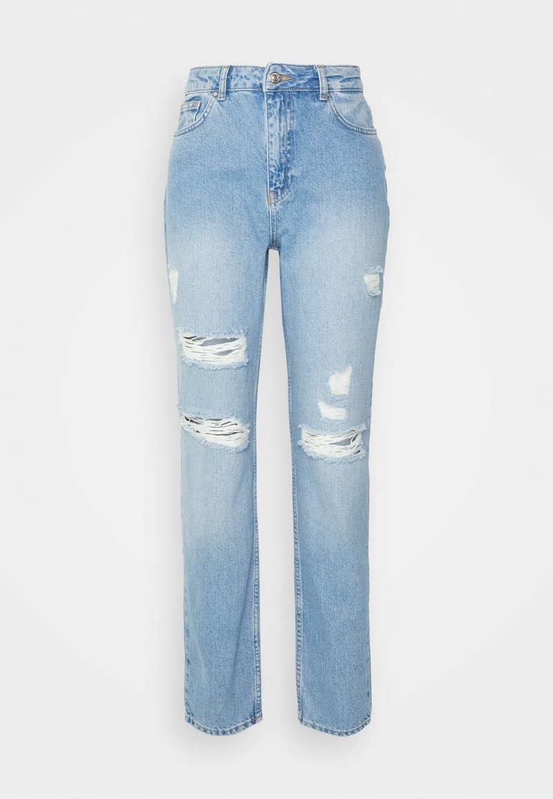 Jeans de cintura alta azul-claro com perna reta, apresentando vários rasgos desfiados nos joelhos e um desbotamento subtil por todo o tecido.