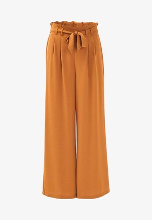 Pantalons à jambes larges en tissu texturé orange brûlé, dotés d'une taille froncée et d'une ceinture assortie à la taille.