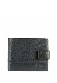 Czarny skórzany portfel o teksturowanym wykończeniu, sk�ładany design, z zapięciem na klapkę. Posiada wytłoczone logo na dole. Wymiary nieokreślone.