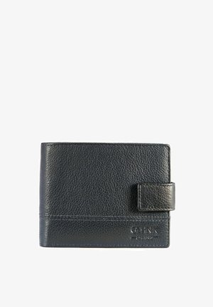 Czarny skórzany portfel o teksturowanym wykończeniu, składany design, z zapięciem na klapkę. Posiada wytłoczone logo na dole. Wymiary nieokreślone.