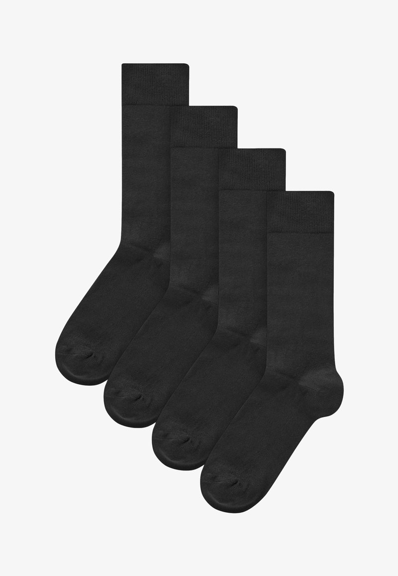 Chaussettes noires en pack de quatre, fabriquées dans un matériau lisse avec un design simple, dotées de bords côtelés et de bouts ronds.