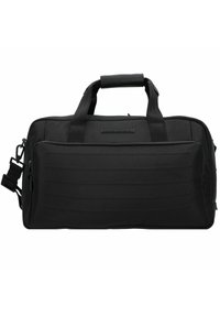 Sac de sport noir en tissu texturé, avec des poignées doubles, une bandoulière réglable et un compartiment zippé à l'avant.