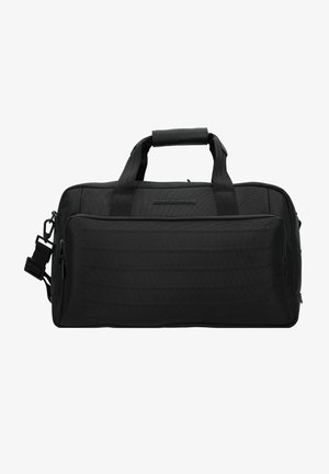 Bolsa de viaje negra hecha de tejido texturizado, con doble asa, una correa de hombro ajustable y un compartimento frontal con cremallera.