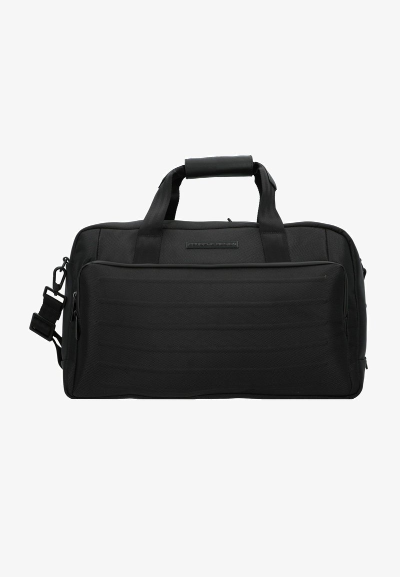 Sac de sport noir en tissu texturé, avec des poignées doubles, une bandoulière réglable et un compartiment zippé à l'avant.