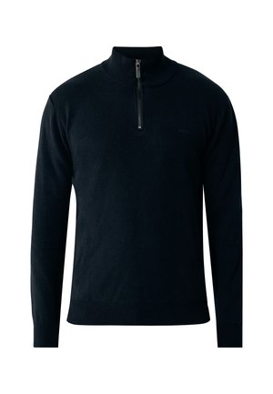 Schwarzer Pullover mit hohem Kragen und Viertelreißverschluss. Hergestellt aus weichem Material, mit gerippten Bündchen und Saum sowie einer glatten Textur.