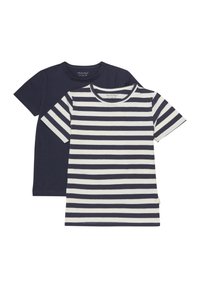 Zwei T-Shirts: eines in einfarbigem Marineblau, das andere in Wei�ß mit marineblauen horizontalen Streifen. Beide haben kurze Ärmel und runde Ausschnitte. Aus weichem Baumwollstoff.