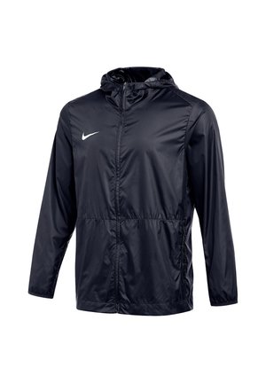 Giacca leggera nera con cappuccio, con zip frontale completa e logo bianco Nike sul petto sinistro.