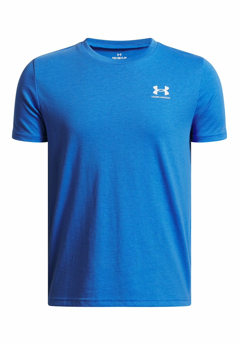 Sininen Under Armour lyhythihainen t-paita pyöreällä kauluksella, jossa on pieni valkoinen logo vasemmassa rinnassa, yksinkertainen muotoilu.