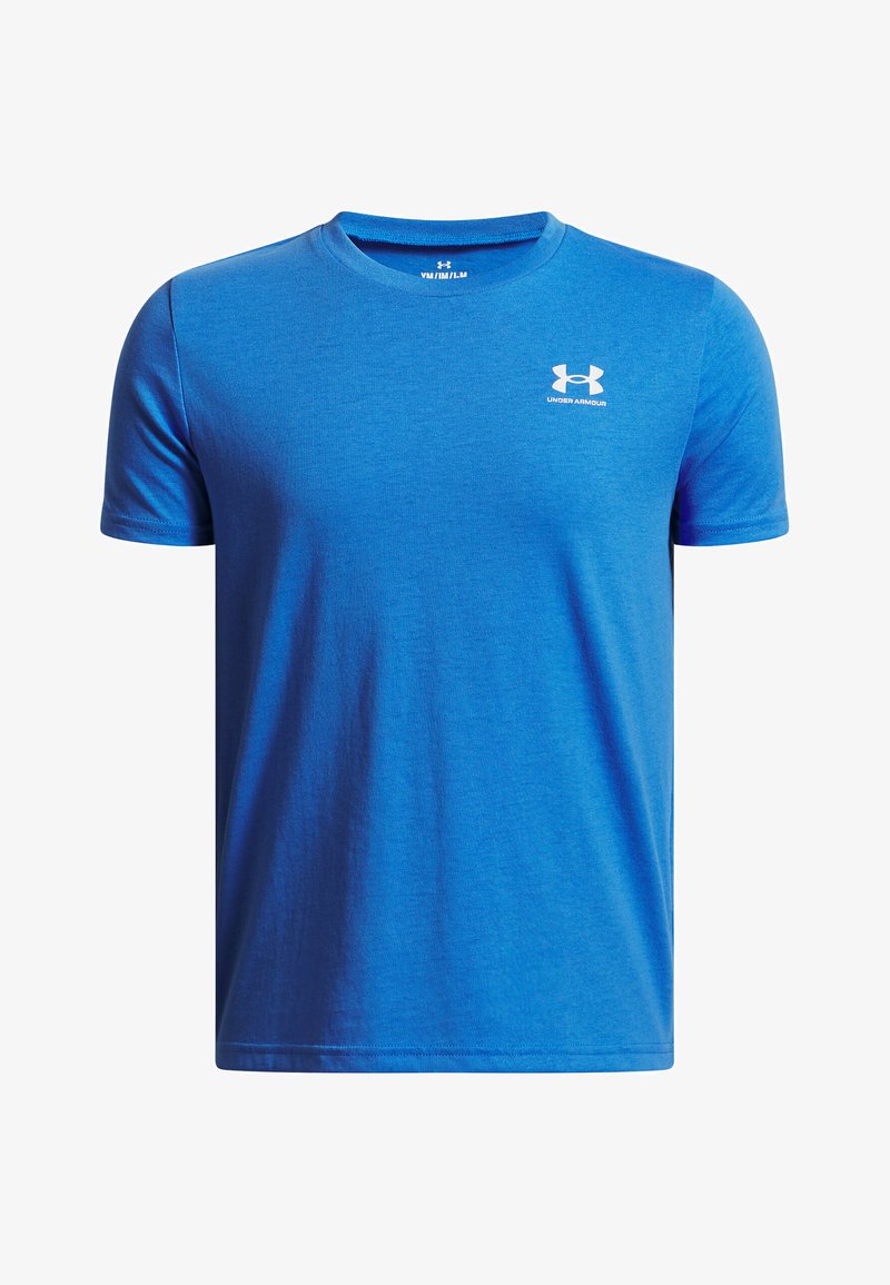 Modrá krátkopupková tričko s okrúhlym výstrihom značky Under Armour, s malým bielym logom na ľavej hrudi, jednoduchý design.