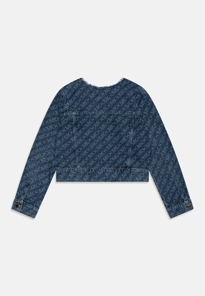 Cropped denim jacket in dark blue featuring a repeating logo pattern, buttoned cuffs, and a frayed neckline. Classic fit with structured shoulders.