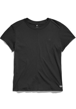 Musthave musta puuvillane T-särk lühikeste varrukatega, ümmargune kaelus ja diskreetne logo rinnal. Omab siledat tekstuuri ja sirget ääret.