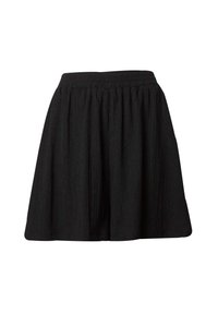 Gonna nera plissettata in tessuto strutturato, con vita elasticizzata. Lunghezza corta, design semplice, adatta per un abbigliamento casual.