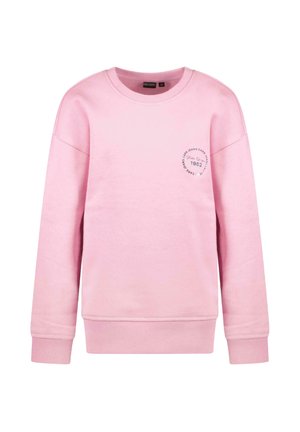 Lichtroze sweatshirt met een ronde hals en lange mouwen, met een rond logo op de borst waarop het jaar 1982 staat.