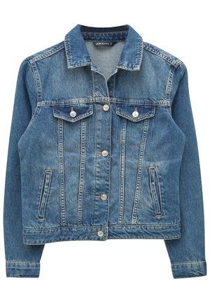 Sininen farkkutakki, jossa napit edessä, kaksi rintataskua läpillä ja napilla sekä sivutaskut, koko small, LCW Jeans -merkki.