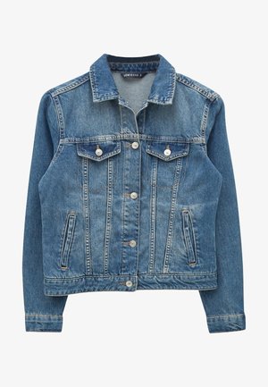 Sininen farkkutakki, jossa napit edessä, kaksi rintataskua läpillä ja napilla sekä sivutaskut, koko small, LCW Jeans -merkki.