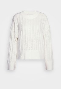 Weißer, kurz geschnittener Pullover mit einer strukturierten Rippenoptik, langen Ärmeln und einem runden Ausschnitt. Hergestellt aus einem dicken, gemütlichen Material.