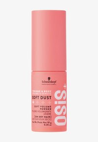 Contenitore cilindrico rosa con finitura opaca, etichettato "OSIS+ Soft Dust," con testo bianco e un coperchio a incastro. Contiene 10 g di polvere.