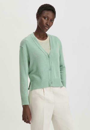Mintgrüner Cardigan mit V-Ausschnitt, Knopfverschluss, geripptem Saum und Bündchen, aus leichtem Strickstoff. Über einem cremefarbenen gestreiften Oberteil getragen.