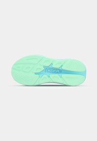 HOKA running shoe outsole in light mint green with blue accents, featuring patterned traction grooves and a streamlined design.