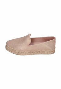 Helle rosa Slipper-Espadrille mit einem glatten Stoff-Obermaterial und einer strukturierten Jute-Sohle. Flaches Design, runde Zehenform und minimale Details.