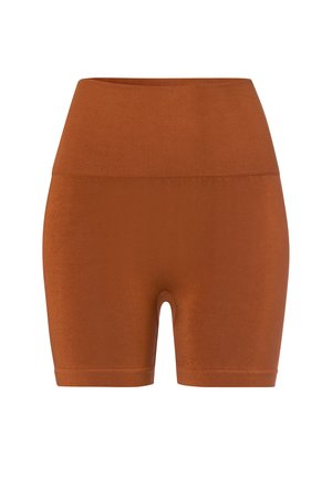 Pantaloni corti marroni a vita alta realizzati in tessuto elasticizzato, caratterizzati da una superficie liscia e da un design aderente, con un orlo pulito e minimal.