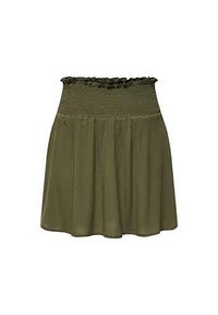 Jupe vert olive avec une taille smockée, présentant un design évasé et une texture douce. L'ourlet est lâche et fluide.