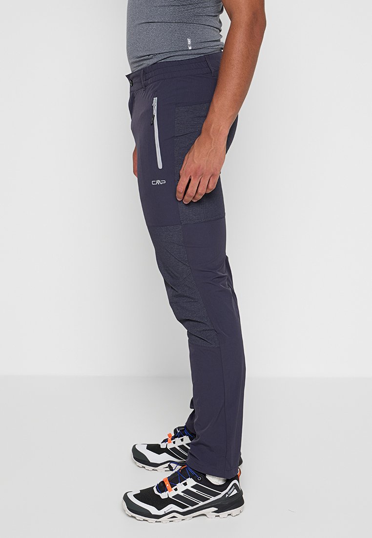 Pantalones de senderismo azul marino con un bolsillo con cremallera, fabricados con un tejido ligero, que presentan un panel lateral texturizado para mayor durabilidad.