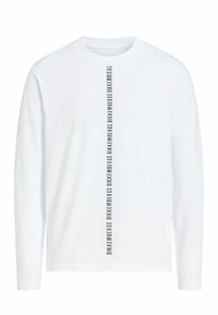 T-shirt bianco a maniche lunghe realizzato in tessuto morbido, con una stampa verticale nera del logo al centro. Collo rotondo e design aderente.