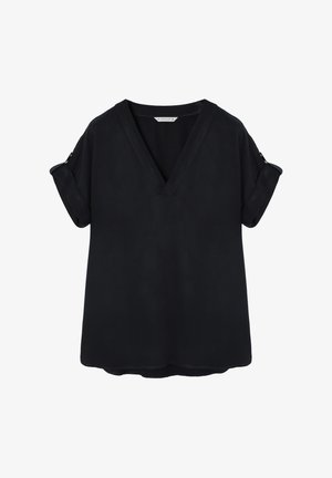 Fekete, rövid ujjú, V-nyakú felső, felgöngyölt ujjal és sima textúrával. Egyszerű dizájn, laza fazon, mintázatok nélkül.