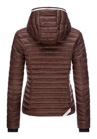 Brown, padded jacket with a hood, featuring horizontal quilting, elastic cuffs, and a zip closure at the neck. Brand tag visible at the hem.