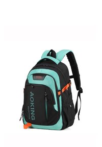 Sac à dos noir et turquoise avec des bretelles rembourrées ajustables, plusieurs poches et des accents orange. Présente un logo sur la poche avant.