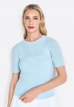 Light blue knitted short-sleeve sweater with a round neckline, textured pattern, and a slightly fitted shape.