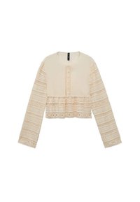 Top cropped a maniche lunghe in beige chiaro con corpo trasparente e dettagli in pizzo, dotato di chiusura con bottoni e motivi testurizzati sulle maniche.
