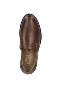 Braune Leder-Slipper mit runder Zehenform, dezenten Nähdetails und gepolstertem Inneren. Glatte Textur mit einer schwarzen Gummisohle.