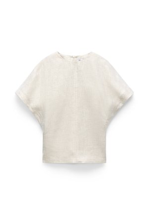 Beige short-sleeve linen top with a wide, boxy fit and round neckline lying flat on a white background.