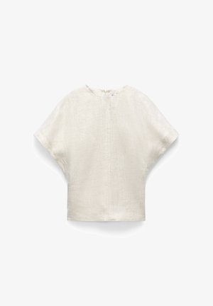 Beige kurzärmliges Leinenshirt mit weiter, kastiger Passform und rundem Ausschnitt, flach auf einem weißen Hintergrund liegend.