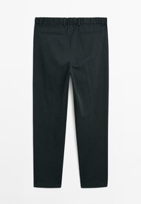 Black tailored trousers with elastic waistband, belt loops, and two back welt pockets, shown flat from the back on a white background.