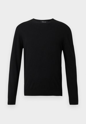 Čierny sveter s okrúhlym výstrihom vyrobený z jemného materiálu, s dlhými rukávmi a priliehajúcim lemom. Jednoduchý dizajn bez viditeľných vzorov alebo akcentov.